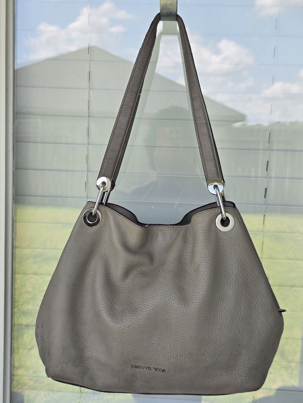 Michael Kors Gray Pebbled Leather Large Shoulder Tote Hobo Bag Silver Hardware